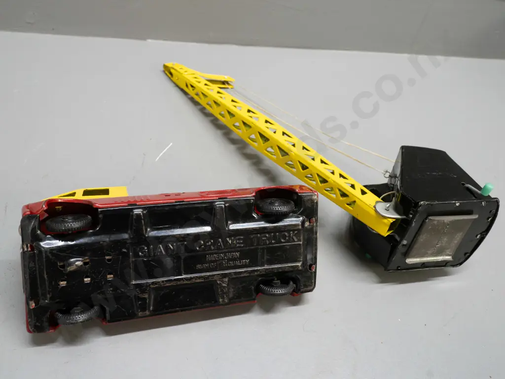 retro tin toy crane truck with rotating and winch action crane - stamped Giant Crane Truck Made in Japan on bottom - age Image 1++