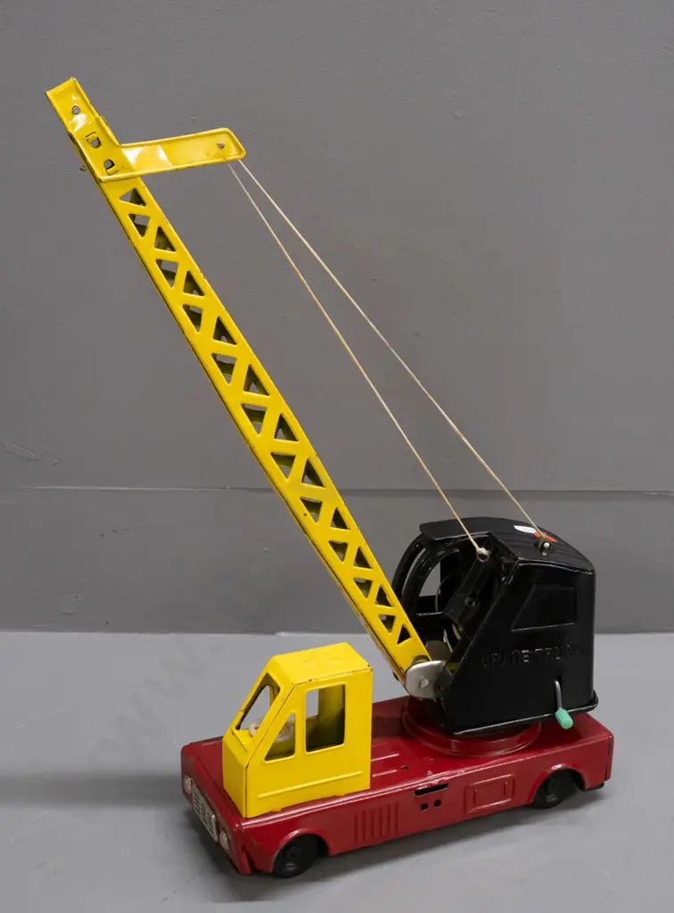 retro tin toy crane truck with rotating and winch action crane - stamped Giant Crane Truck Made in Japan on bottom - age Image 1++