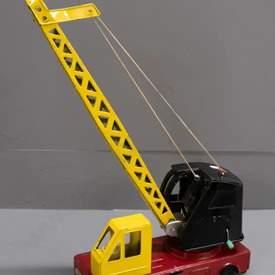 retro tin toy crane truck with rotating and winch action crane - stamped Giant Crane Truck Made in Japan on bottom - age