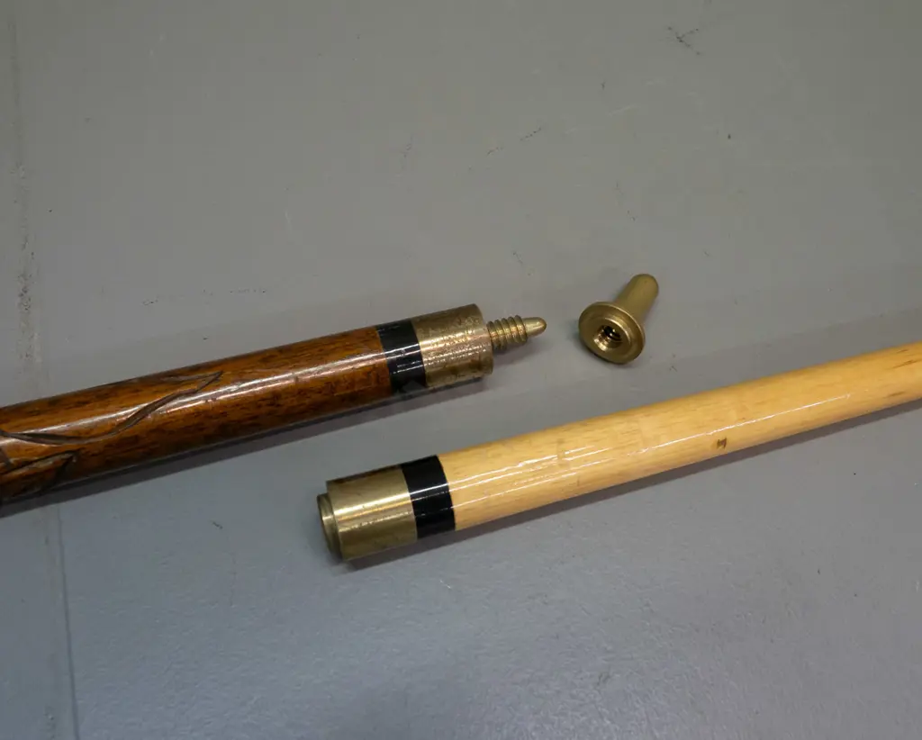 2-piece collapsible pool cue / walking stick with threaded brass fitting and ferrule, carved mahogany cane section, tip Image 1++