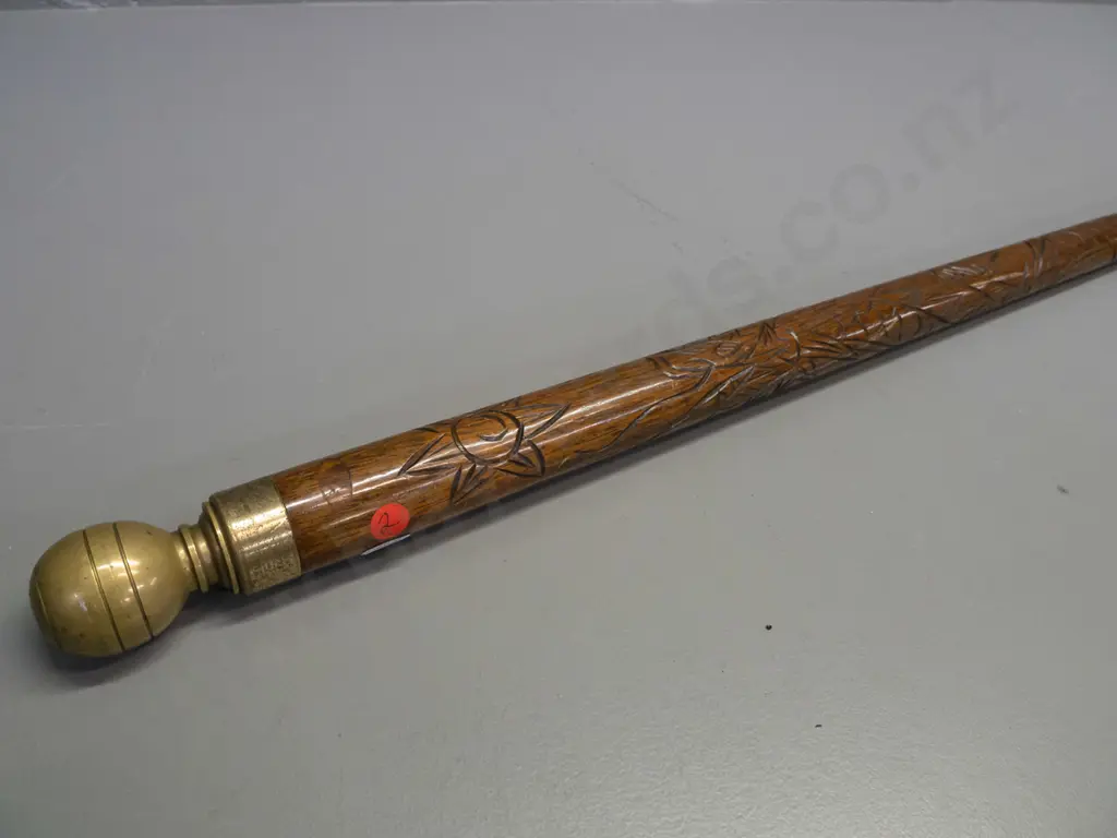 2-piece collapsible pool cue / walking stick with threaded brass fitting and ferrule, carved mahogany cane section, tip Image 1++