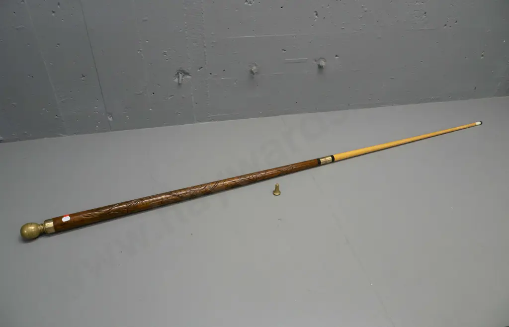 2-piece collapsible pool cue / walking stick with threaded brass fitting and ferrule, carved mahogany cane section, tip Image 1++
