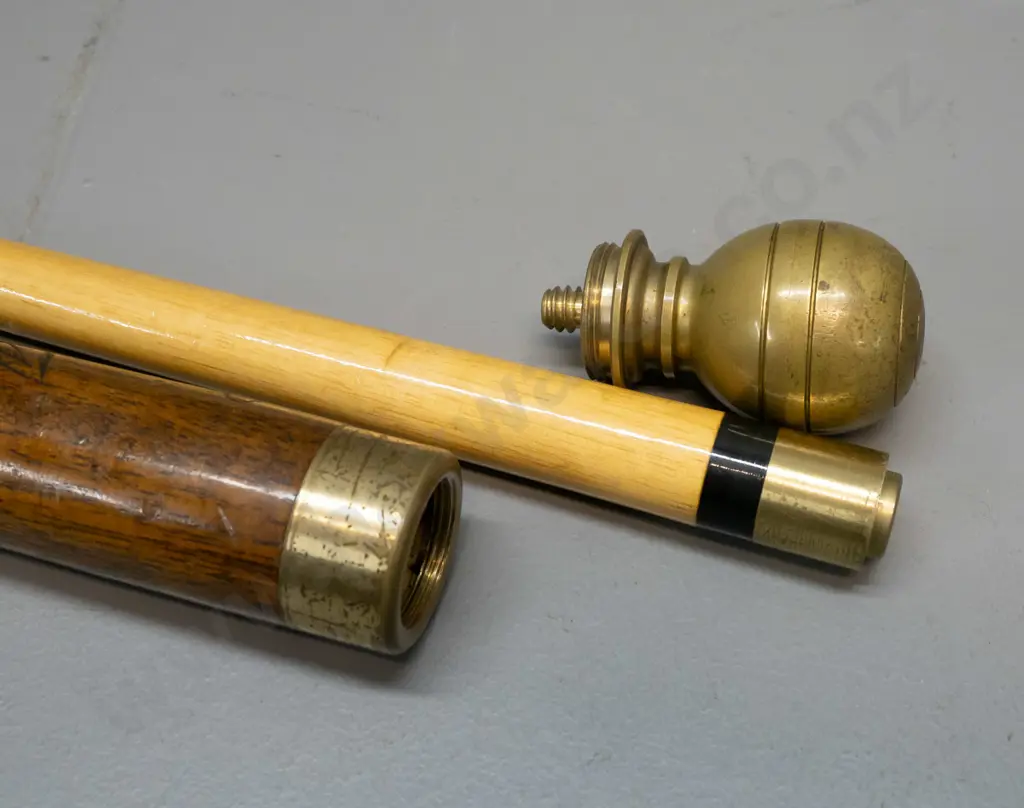 2-piece collapsible pool cue / walking stick with threaded brass fitting and ferrule, carved mahogany cane section, tip Image 1++