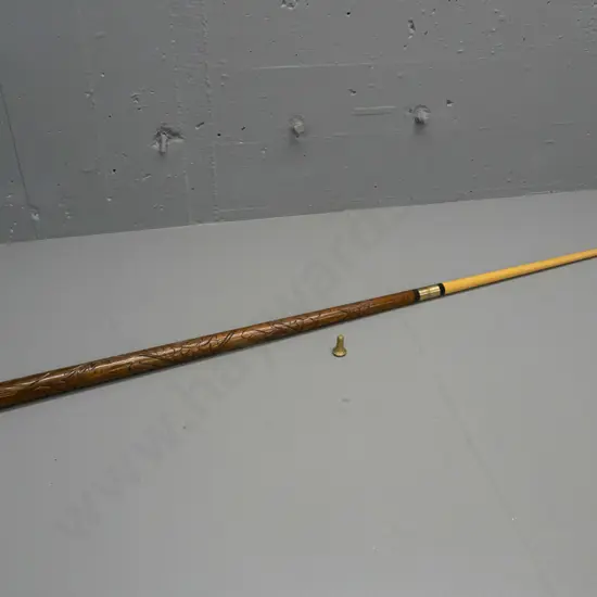 2-piece collapsible pool cue / walking stick with threaded brass fitting and ferrule, carved mahogany cane section, tip