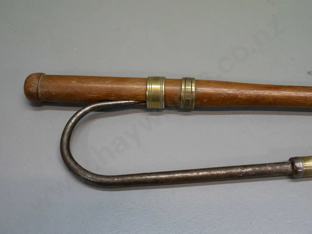 vintage folding fishing gaff - timber with brass fittings, steel hook L-1060 open, L-560 folded. Image 1++