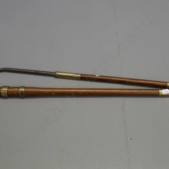vintage folding fishing gaff - timber with brass fittings, steel hook L-1060 open, L-560 folded.
