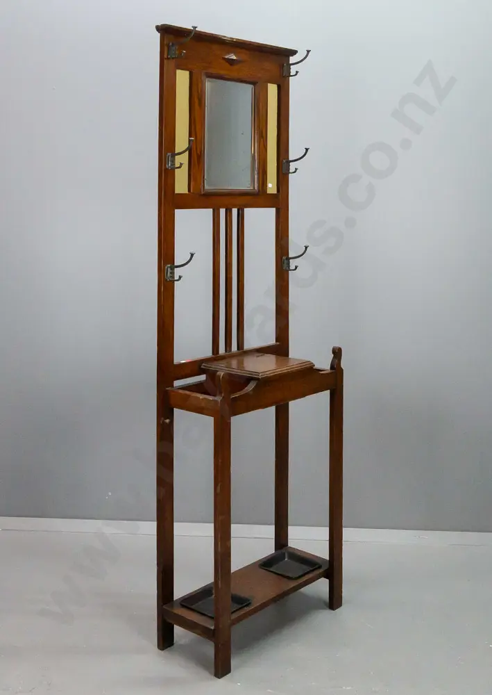 vintage oak hall stand with bevelled edge mirror, panels of textured yellow glass, 6 hooks, lift-lid compartment, drip Image 1++