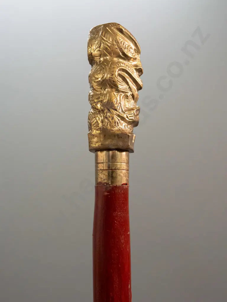 carved & painted timber walking stick with polished hollow cast brass Maori motif handle - some wear to paint L-950 Image 1++