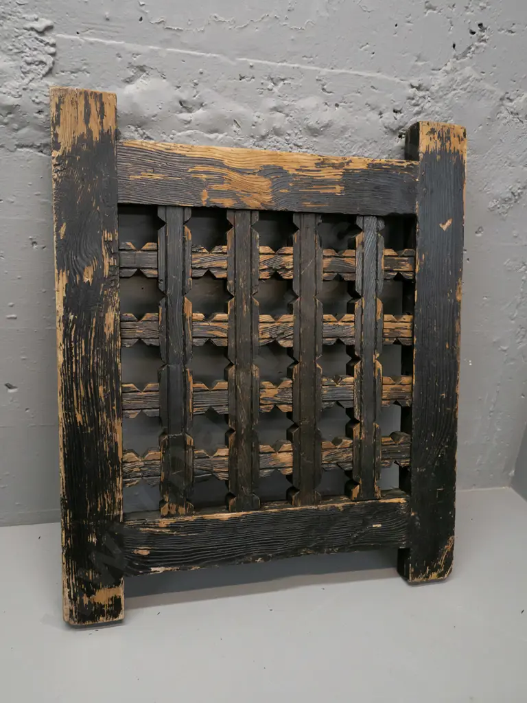 painted wood panel / screen with star-shaped block lattice, from Afghanistan. Paint loss, wear, scratching H-620 W-5 10 Image 1++
