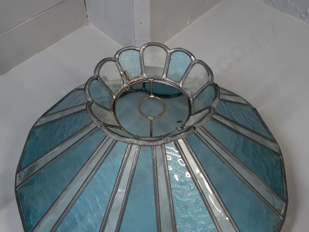 leadlight ceiling light shade with textured teal and clear glass - 4 blue panels coming partly loose from lead on edge Image 1++