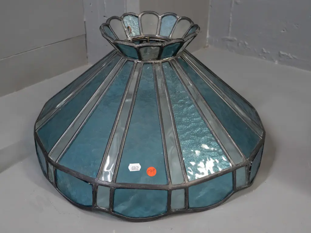 leadlight ceiling light shade with textured teal and clear glass - 4 blue panels coming partly loose from lead on edge Image 1++