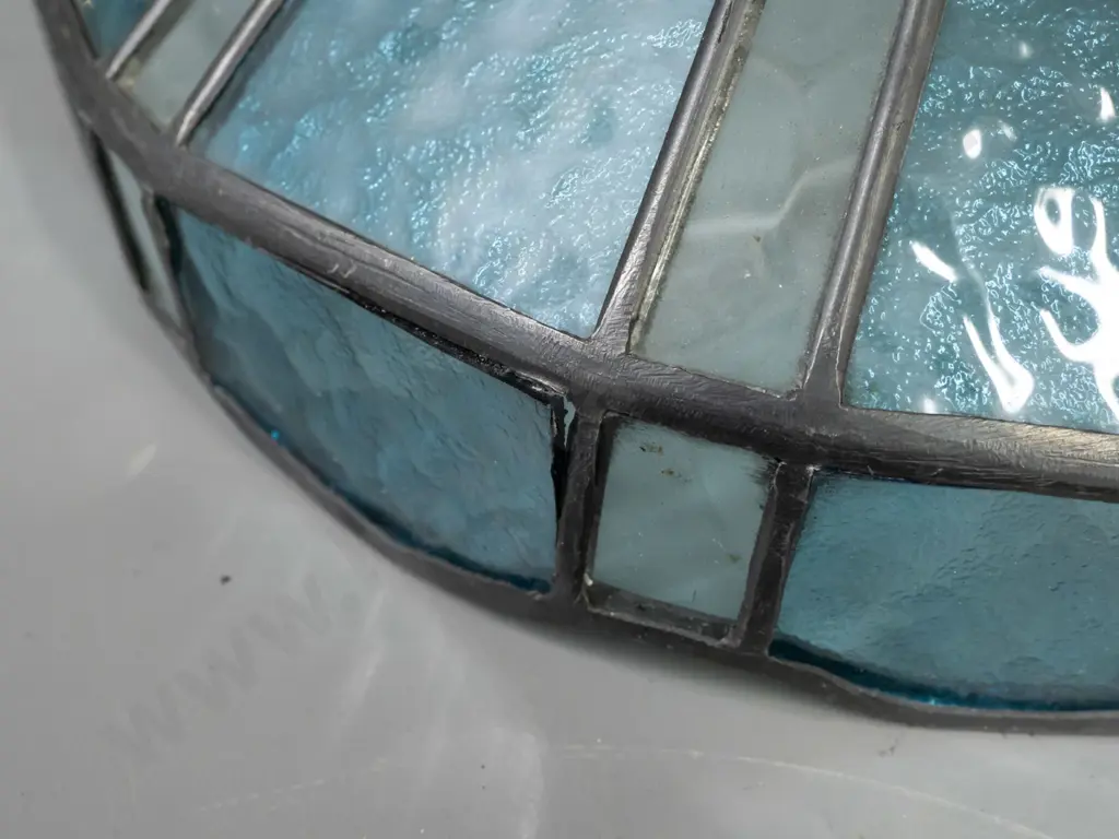 leadlight ceiling light shade with textured teal and clear glass - 4 blue panels coming partly loose from lead on edge Image 1++