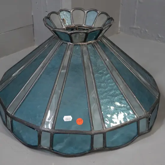 leadlight ceiling light shade with textured teal and clear glass - 4 blue panels coming partly loose from lead on edge