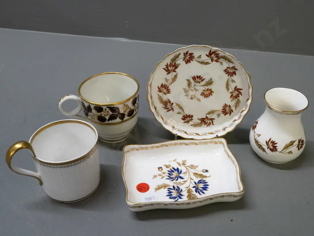 3 pieces vintage Abbeydale china - 2 dishes and small vase - and 2 small coffee cans with unknown marks. Vase has some Image 1++