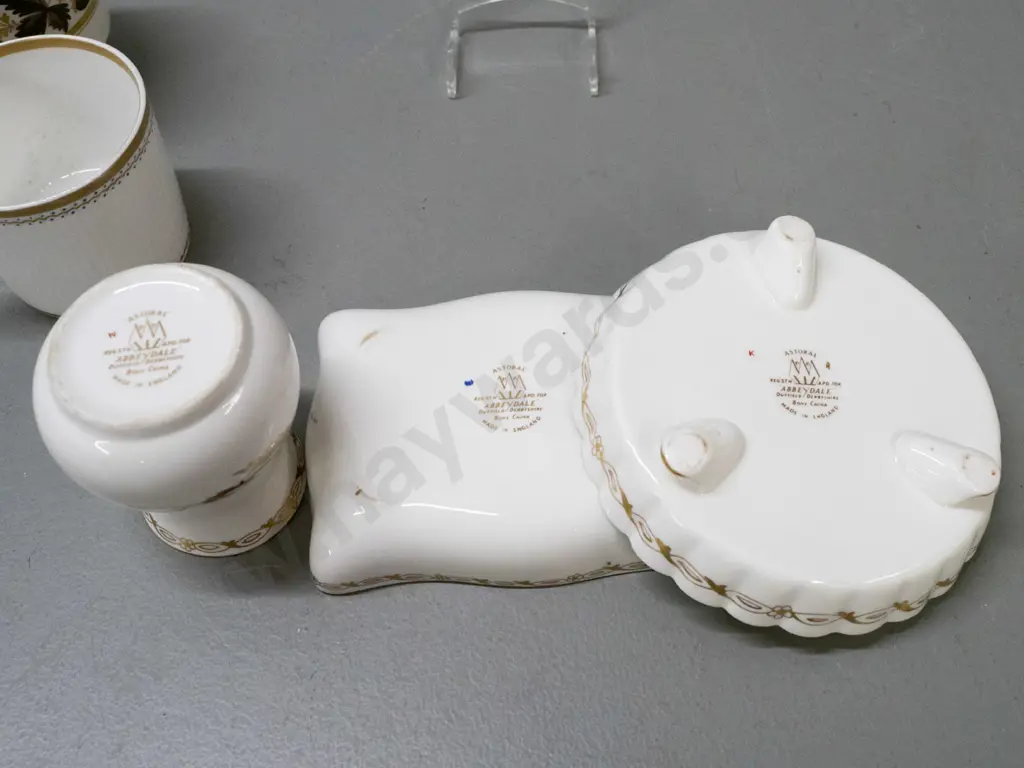 3 pieces vintage Abbeydale china - 2 dishes and small vase - and 2 small coffee cans with unknown marks. Vase has some Image 1++