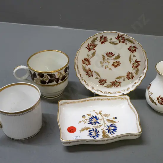 3 pieces vintage Abbeydale china - 2 dishes and small vase - and 2 small coffee cans with unknown marks. Vase has some