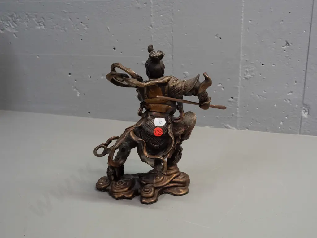 bronze figure of a Japanese warrior on swirling cloud base - with replacement painted wood staff or spear H-220 W-160 Image 1++