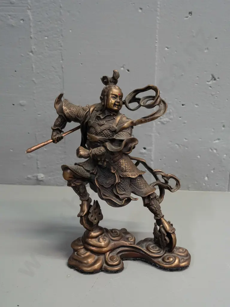 bronze figure of a Japanese warrior on swirling cloud base - with replacement painted wood staff or spear H-220 W-160 Image 1++
