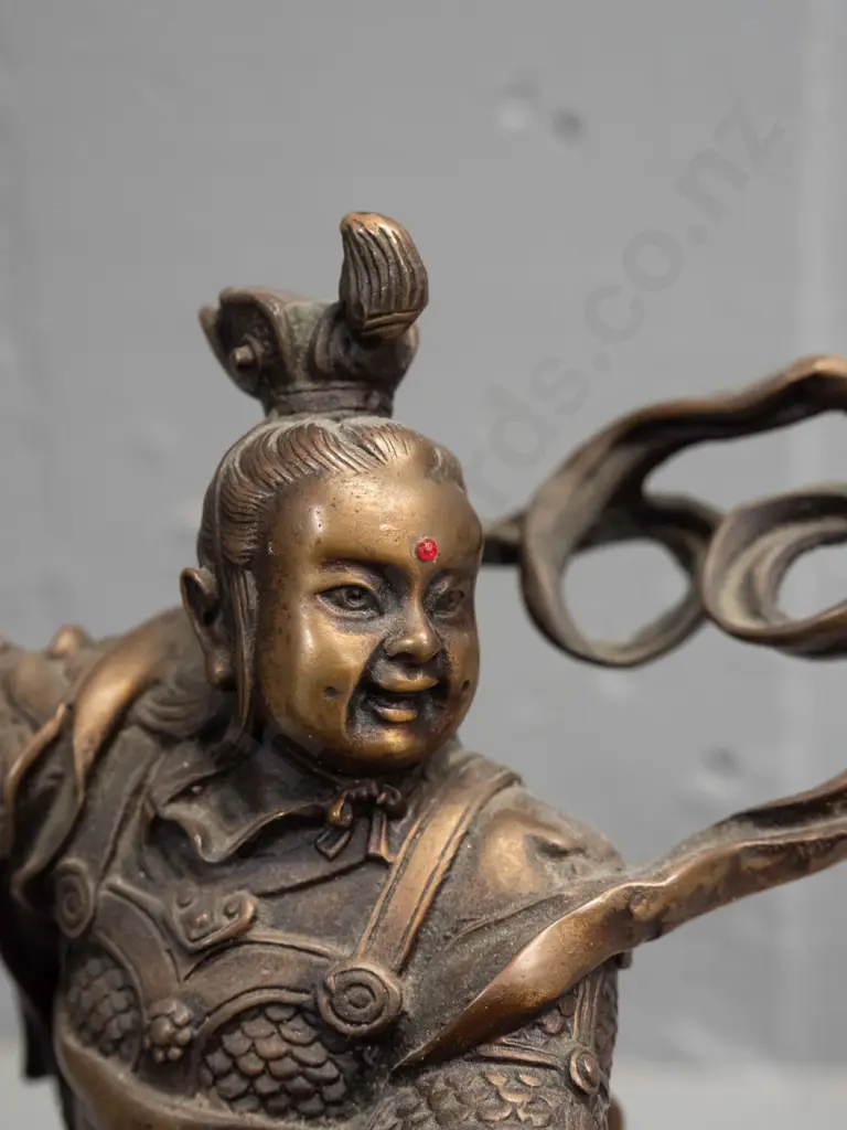 bronze figure of a Japanese warrior on swirling cloud base - with replacement painted wood staff or spear H-220 W-160 Image 1++