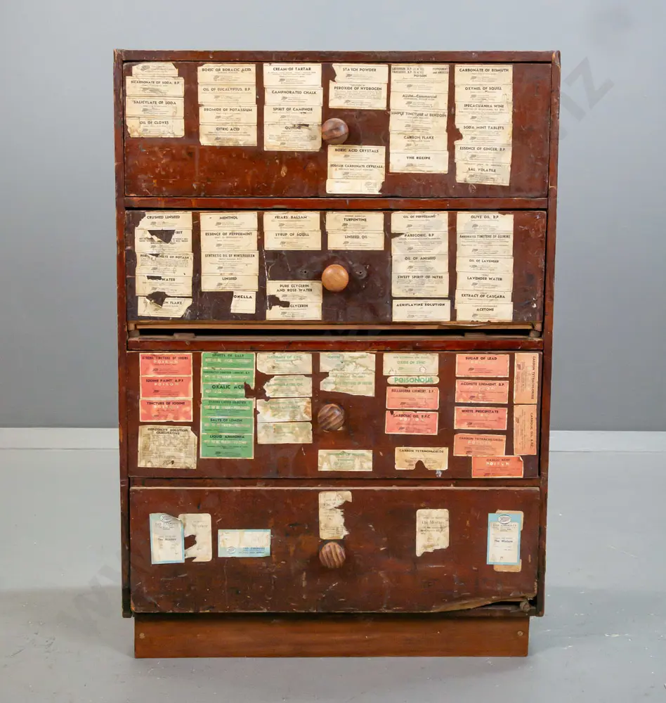 early colonial kahikatea and kauri 4-drawer chest used as pharmacy label storage, with contents, including example Image 1++