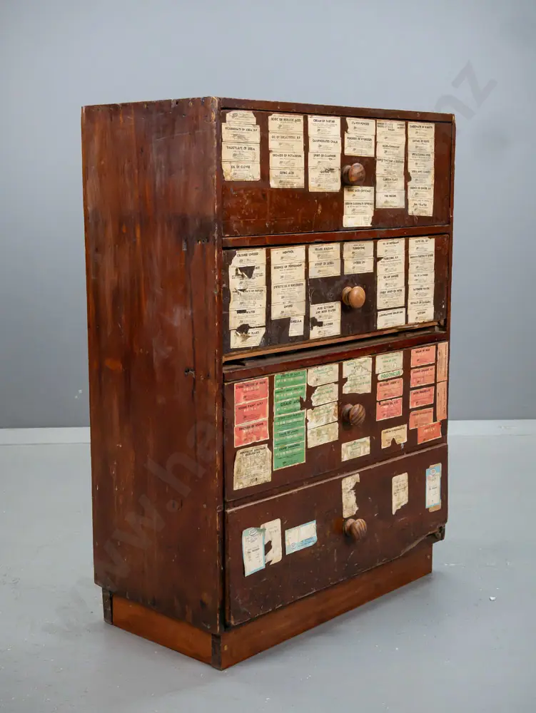 early colonial kahikatea and kauri 4-drawer chest used as pharmacy label storage, with contents, including example Image 1++