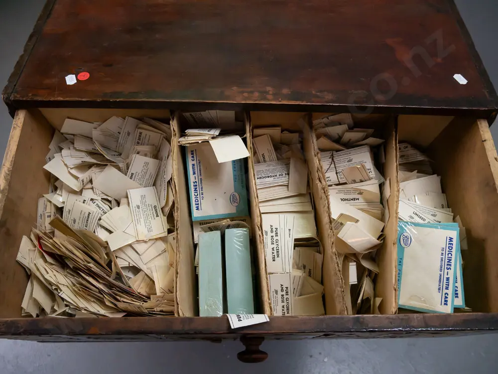 early colonial kahikatea and kauri 4-drawer chest used as pharmacy label storage, with contents, including example Image 1++
