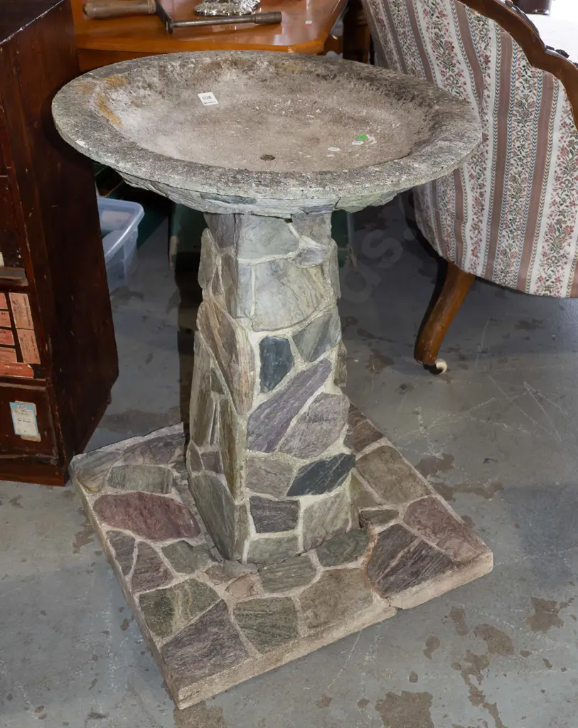 mid-century 3-piece river stone over cast concrete bird bath on square section base and column - has had repair to base Image 1++