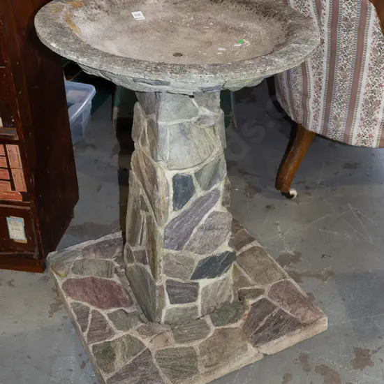 mid-century 3-piece river stone over cast concrete bird bath on square section base and column - has had repair to base