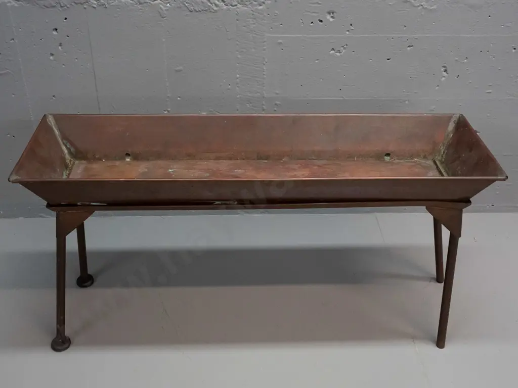 mid-century copper plant trough on legs - some discolouration, 2 missing feet, one leg twisted, solder repairs are Image 1++