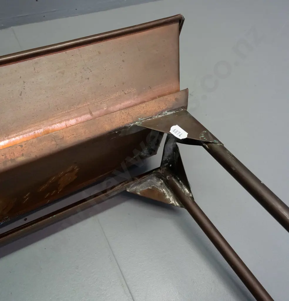 mid-century copper plant trough on legs - some discolouration, 2 missing feet, one leg twisted, solder repairs are Image 1++