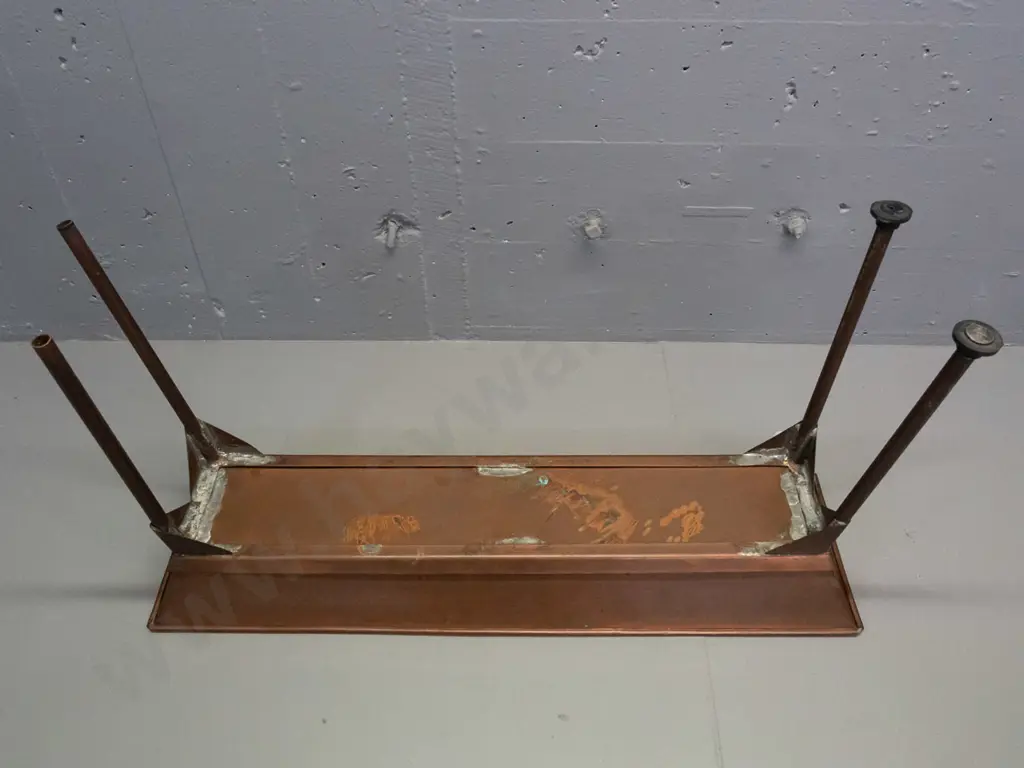mid-century copper plant trough on legs - some discolouration, 2 missing feet, one leg twisted, solder repairs are Image 1++