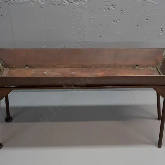 mid-century copper plant trough on legs - some discolouration, 2 missing feet, one leg twisted, solder repairs are