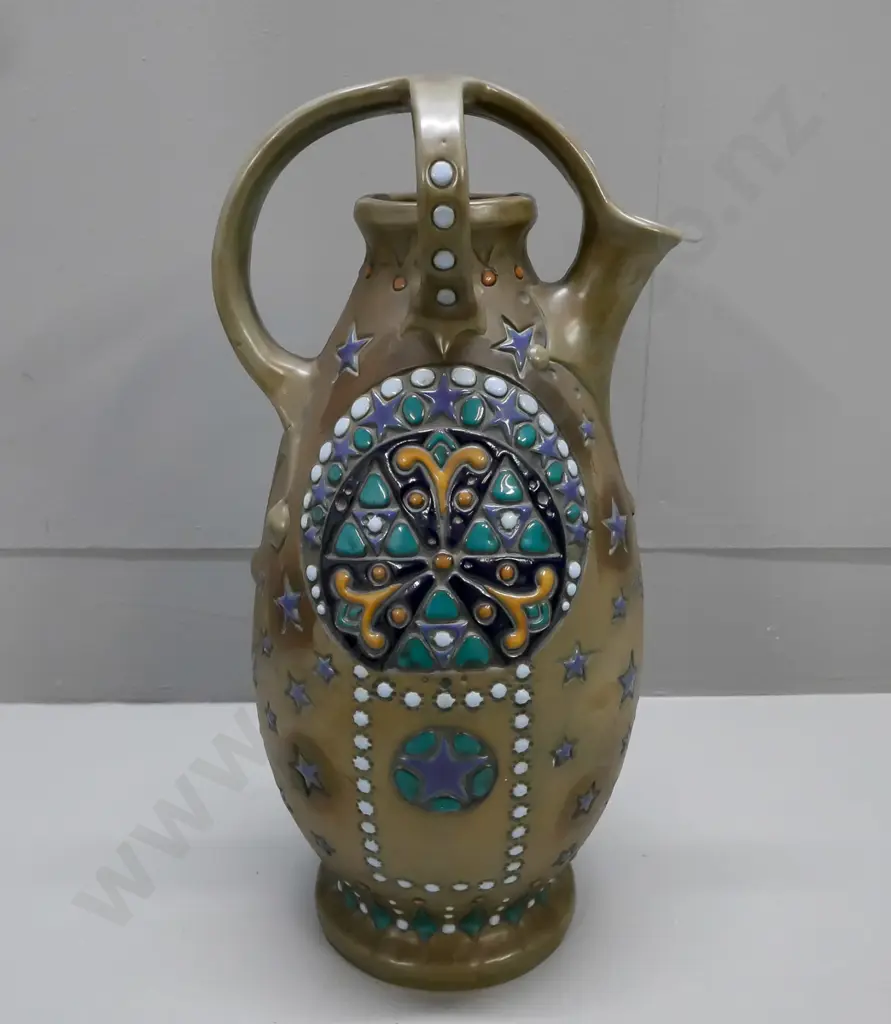 Amphora antique Austrian-made Art Nouveau ewer vase w/ bearded figure design H-370 Image 1++