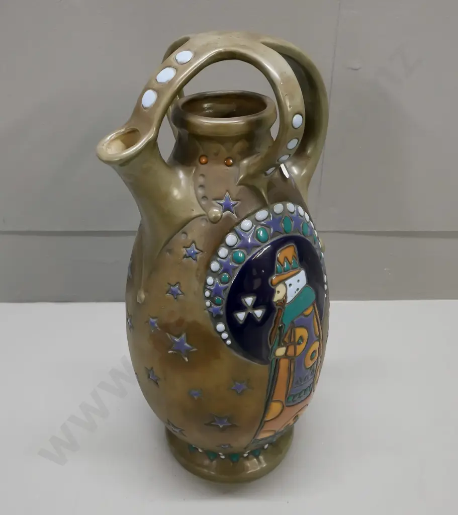 Amphora antique Austrian-made Art Nouveau ewer vase w/ bearded figure design H-370 Image 1++