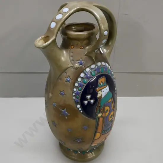 Amphora antique Austrian-made Art Nouveau ewer vase w/ bearded figure design H-370