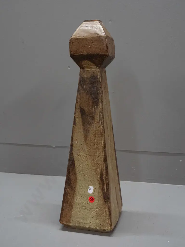 New Zealand studio pottery tall slab-sided vase with incised border and a boxy top H-470 W-140 D-140 Image 1++