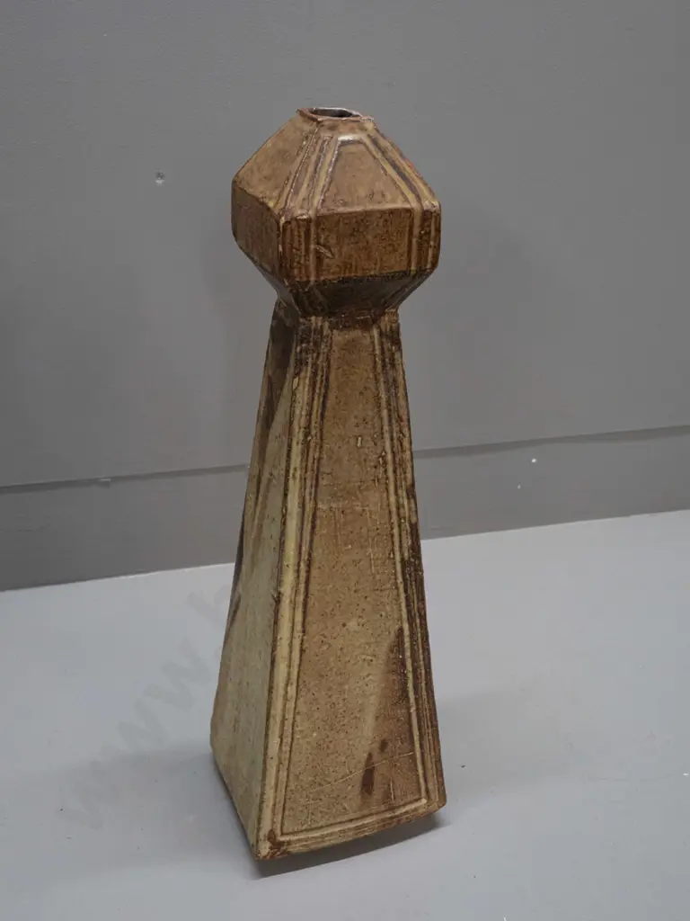 New Zealand studio pottery tall slab-sided vase with incised border and a boxy top H-470 W-140 D-140 Image 1++