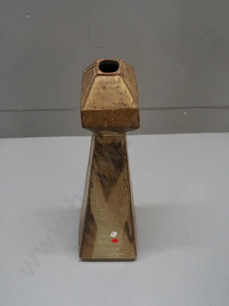 New Zealand studio pottery tall slab-sided vase with incised border and a boxy top H-470 W-140 D-140 Image 1++