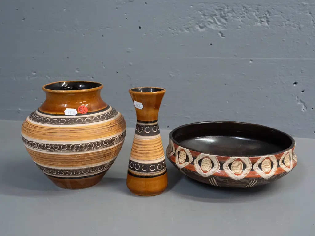 3 pieces of retro German pottery with incised geometric bands - bowl has some deterioration to glaze, larger vase H-160 Image 1++