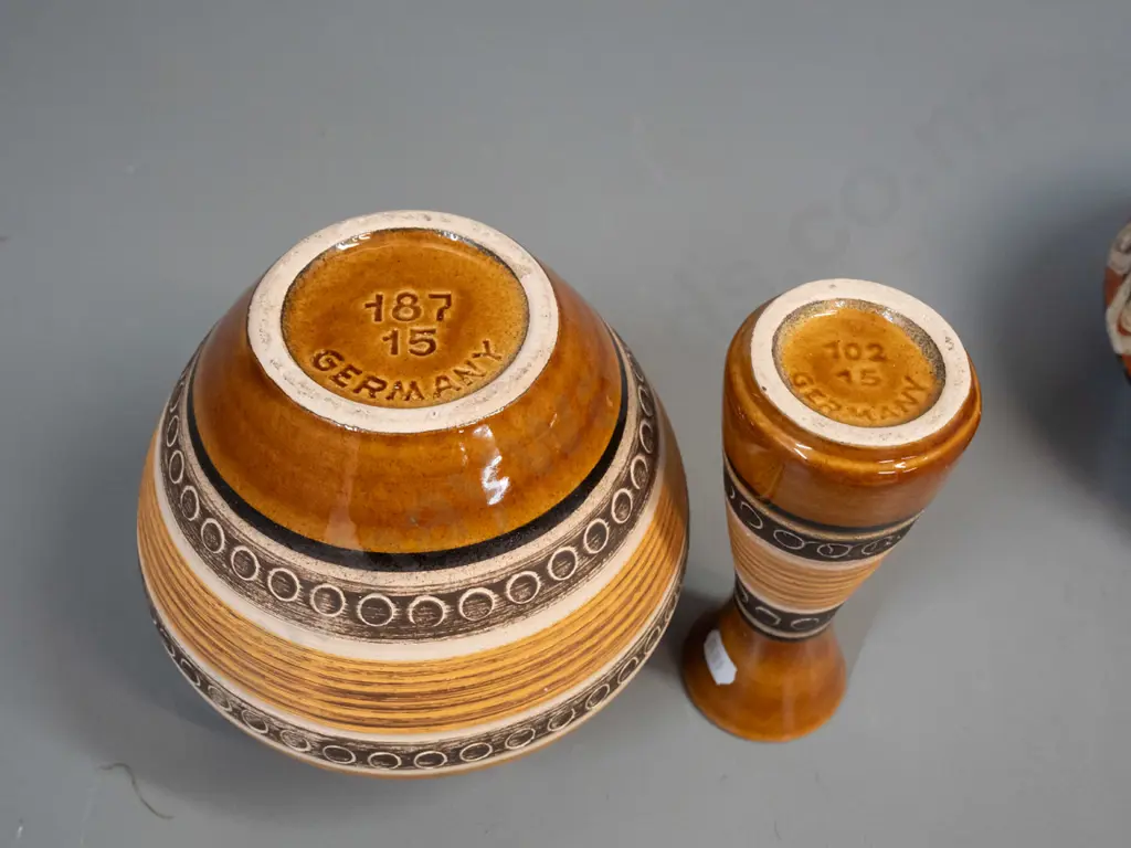 3 pieces of retro German pottery with incised geometric bands - bowl has some deterioration to glaze, larger vase H-160 Image 1++