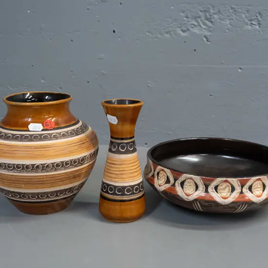 3 pieces of retro German pottery with incised geometric bands - bowl has some deterioration to glaze, larger vase H-160