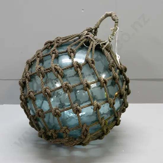 large blue glass fishing float in rope netting - approx. D-320