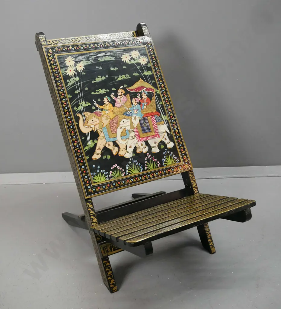 Indian 2-piece collapsible chair with hand painted scenes and gilt decoration over black - some Image 1++