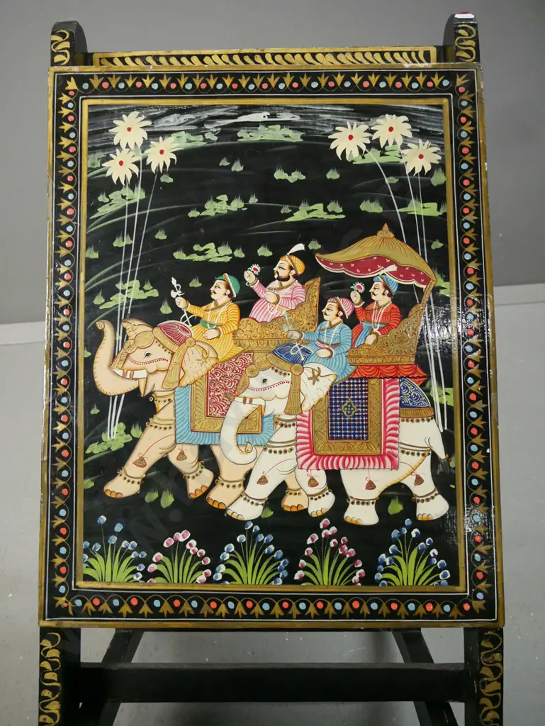 Indian 2-piece collapsible chair with hand painted scenes and gilt decoration over black - some Image 1++