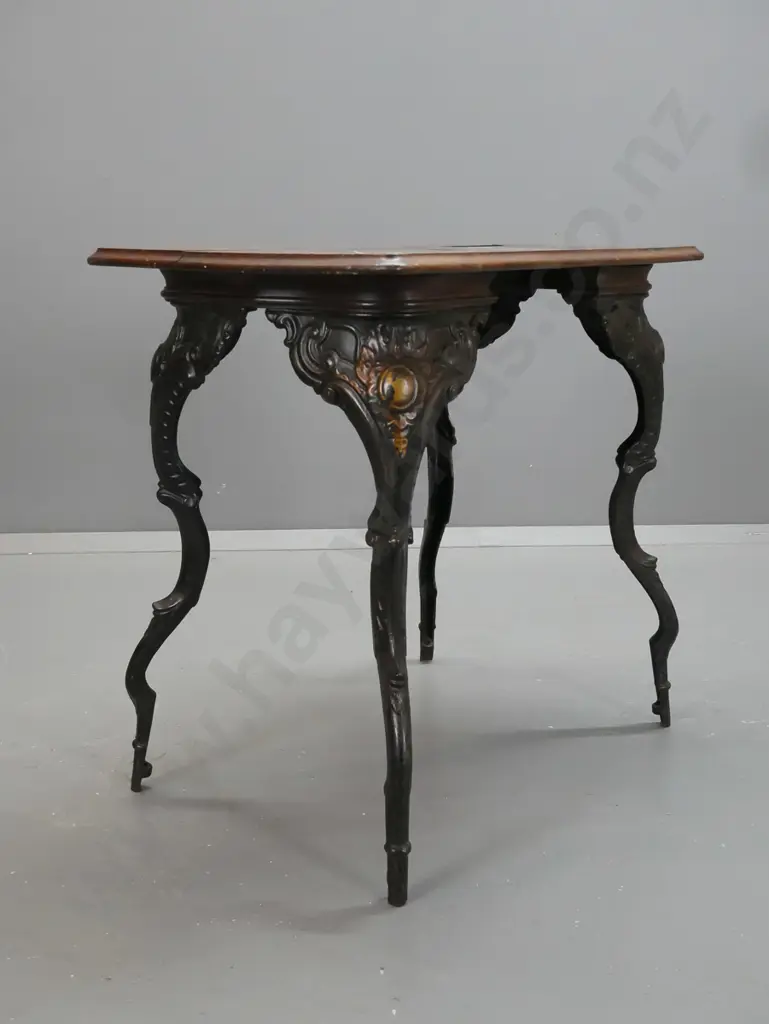 vintage work table with cast iron legs, oak top with cutouts and screw holes from removed apparatus - join in top is Image 1++
