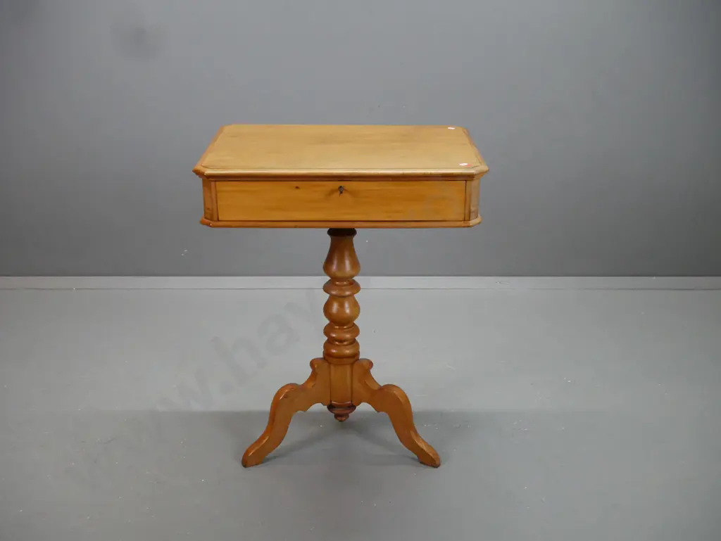 colonial rimu small table w/ turned column base on 3 shaped feet, drawer with working lock and key, fitted with Image 1++