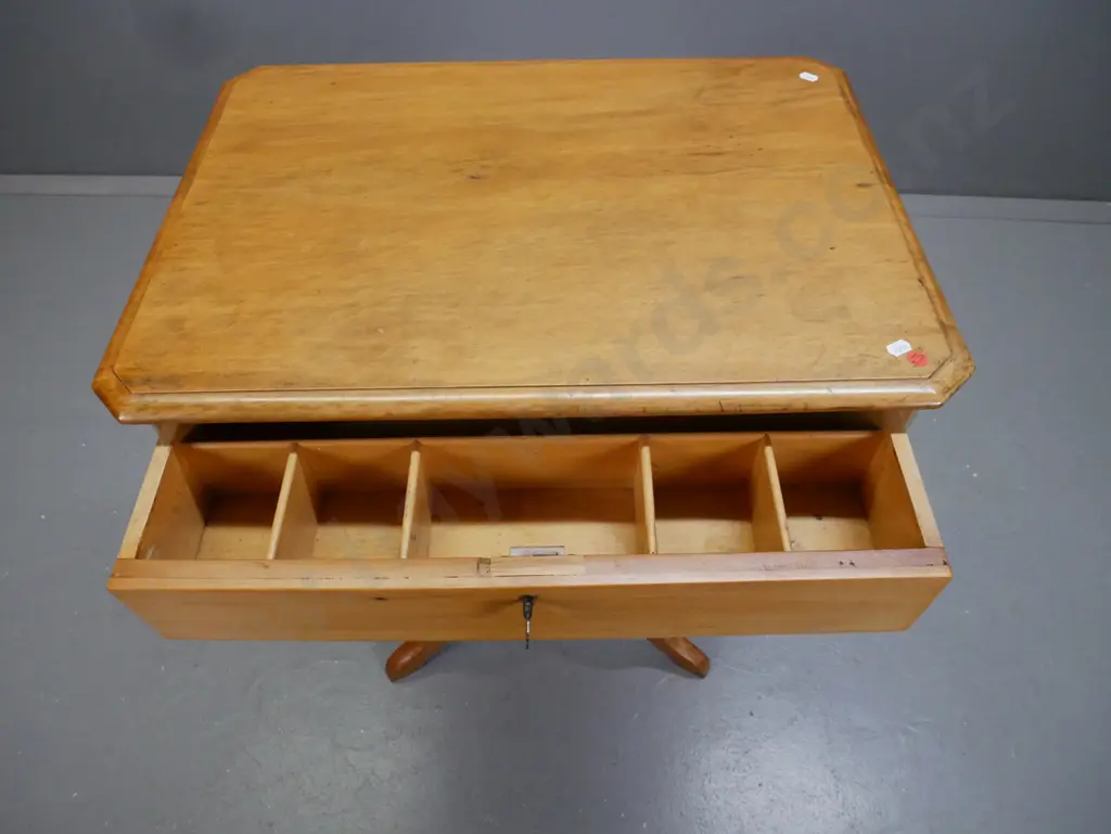 colonial rimu small table w/ turned column base on 3 shaped feet, drawer with working lock and key, fitted with Image 1++