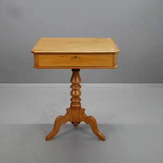 colonial rimu small table w/ turned column base on 3 shaped feet, drawer with working lock and key, fitted with