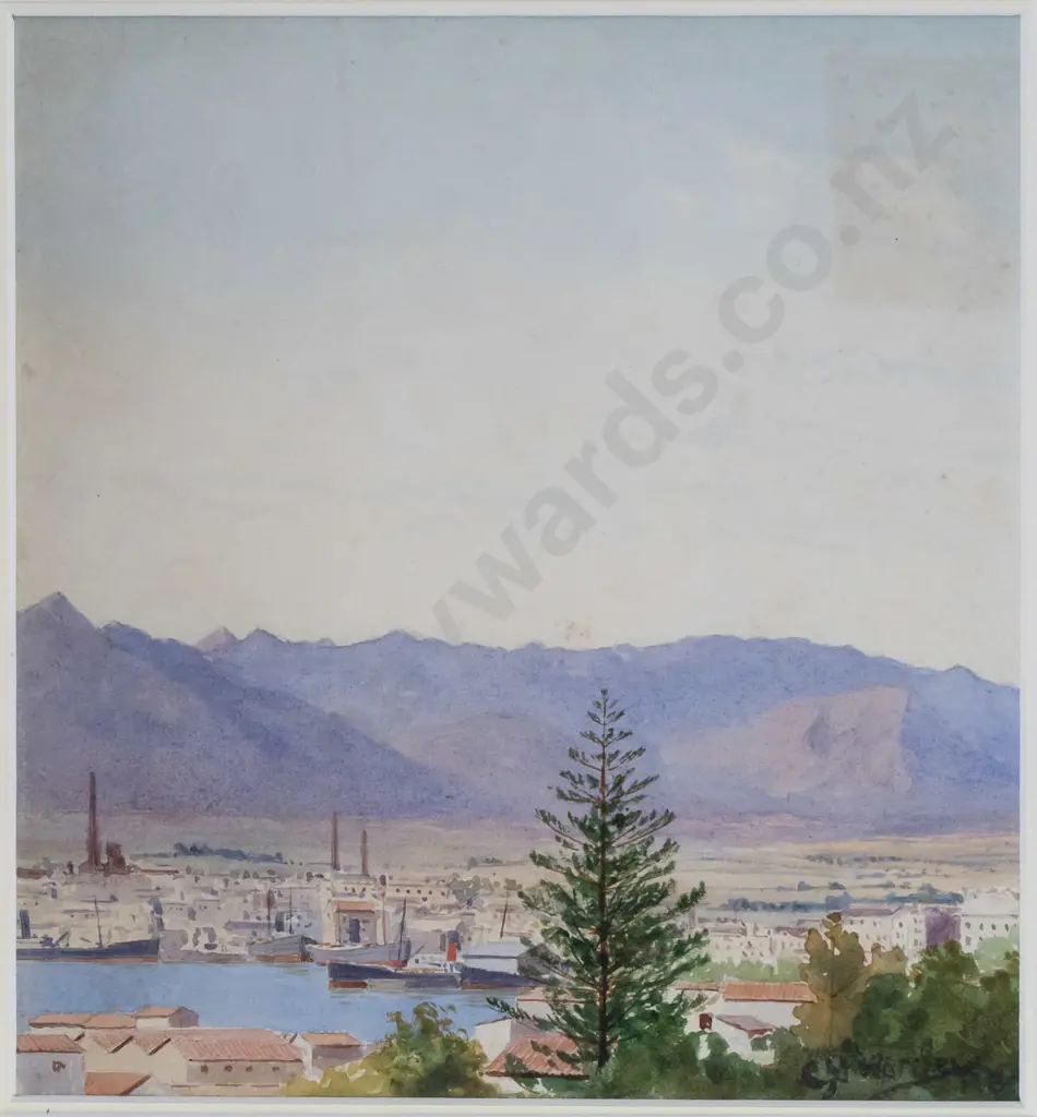 C Warden - framed watercolour - village and mountain scene H220 W200 (slight foxing and creasing) Image 1++