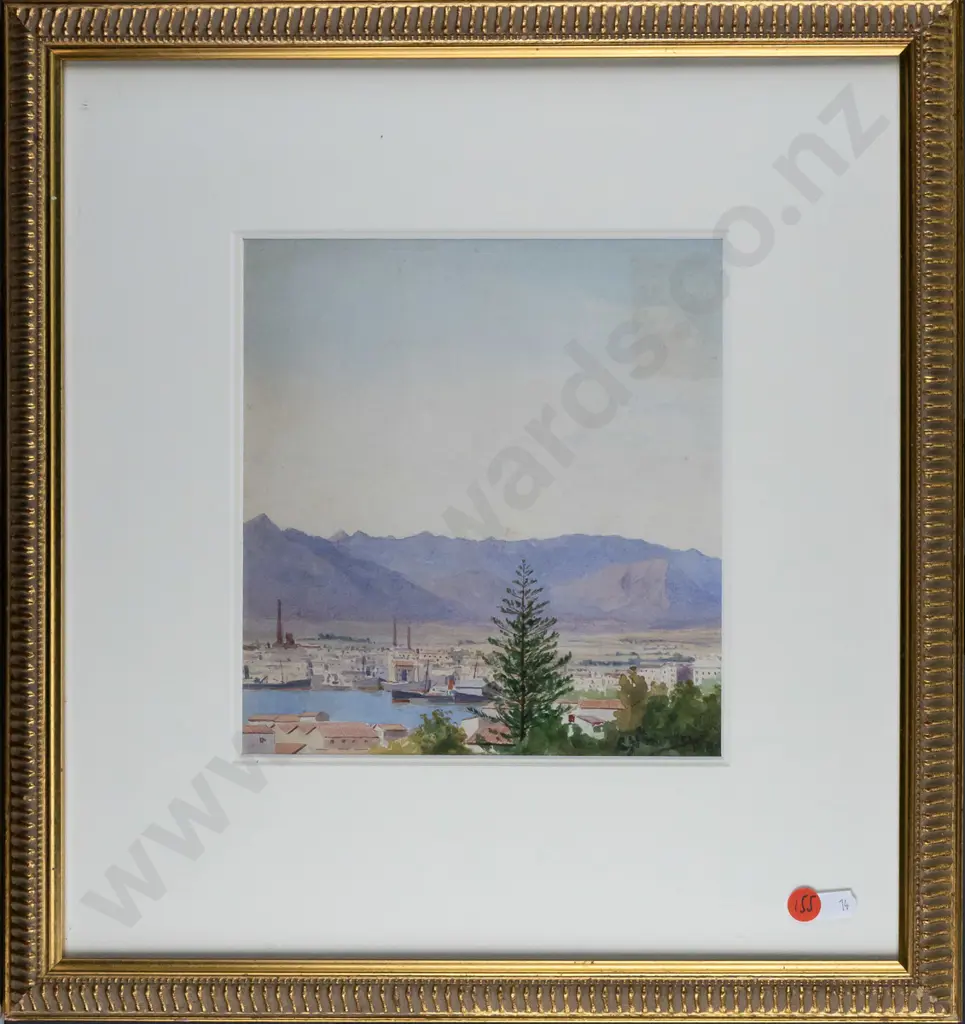 C Warden - framed watercolour - village and mountain scene H220 W200 (slight foxing and creasing) Image 1++